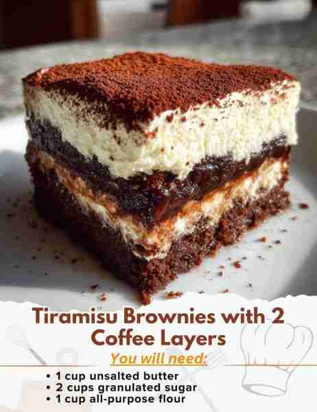Tiramisu Brownies with 2 Coffee Layers Ingredients: - 1 cup unsalted butter - 2 cups granulated suga...