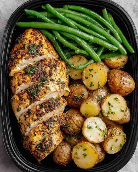 Better than takeout —Herb-Crusted Chicken with Garlic Potatoes & Green Beans