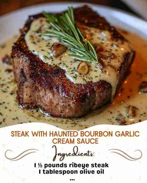 Steak with Haunted Bourbon Garlic Cream Sauce Ingredients: 1 ½ pounds ribeye steak 1 tablespoon oli...
