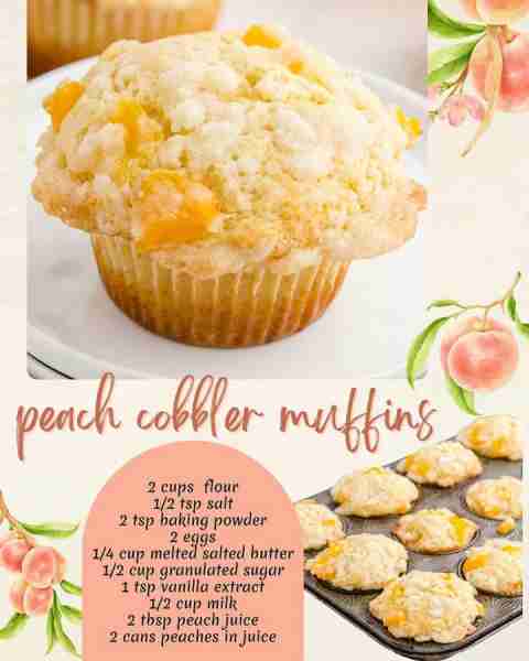 Peach Cobbler Muffins 🍑 Soft, Fruity & Topped with Sweet Crumble!! 🍑 You'll Need 2 cups all-purpos...