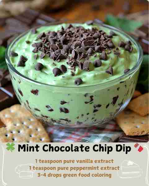 🍀 Mint Chocolate Chip Dip 🍫 Ingredients: 1 package (8 ounces) full-fat cream cheese, softened to r...