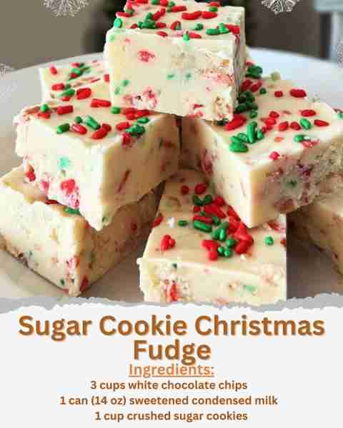Sugar Cookie Christmas Fudge Ingredients: - 3 cups white chocolate chips - 1 can (14 oz) sweetened c...