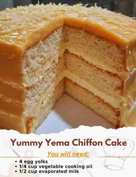 Yummy Yema Chiffon Cake Ingredients: CAKE BATTER: - 4 egg yolks - 1/4 cup vegetable cooking oil - 1/...