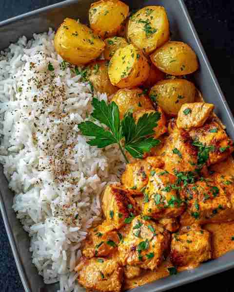 No leftovers were seen after this one — Creamy Tandoori Chicken with Herb Potatoes & Basmati Rice 🌿🍚