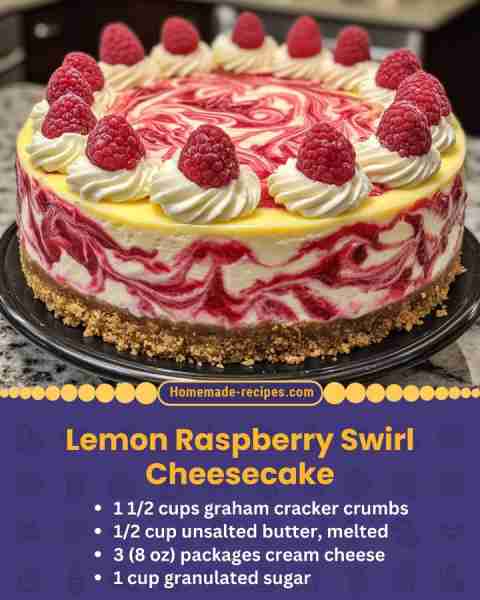 Lemon Raspberry Swirl Cheesecake 📋 Ingredients: • 1 1/2 cups graham cracker crumbs • 1/2 cup unsalt...