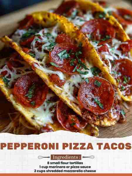 Pepperoni Pizza Tacos Ingredients: 8 small flour tortillas 1 cup marinara or pizza sauce 2 cups shre...