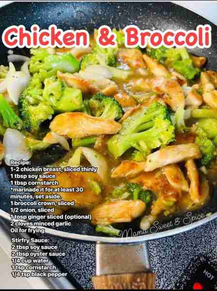 Delicious Chicken and broccoli stirfry Recipe: 2 chicken breast, sliced thinly 1 tbsp soy sauce 1 t...