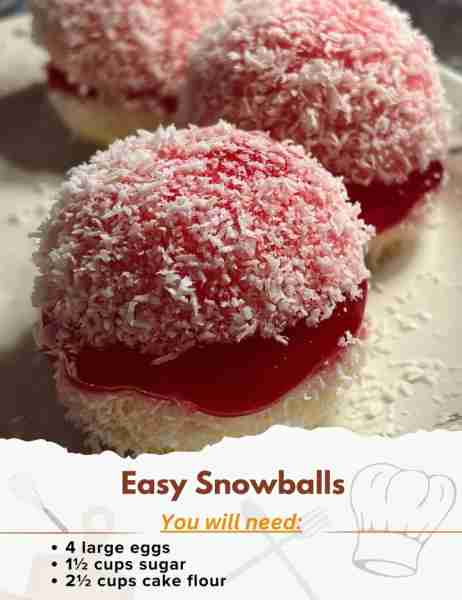 Easy Snowballs Ingredients: - 4 large eggs - 1½ cups sugar - 1 tablespoon vanilla essence - 1 cup oi...