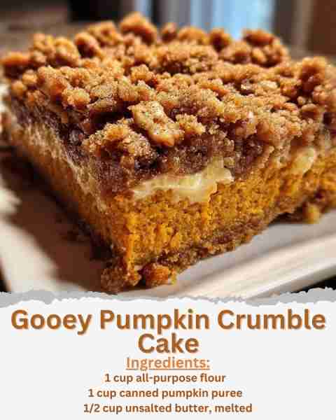 Gooey Pumpkin Crumble Cake Ingredients: - 1 cup all-purpose flour - 1/2 cup granulated sugar - 1/2 c...