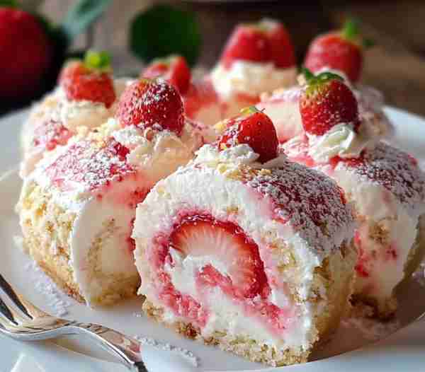 🍓✨ Strawberry Shortcake Roll Cheesecake ✨🍓�A light vanilla sponge cake rolled with creamy cheese...