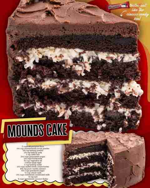 MOUNDS CAKE! 🍫🥥🍰 2 cups all-purpose flour 1½ cup unsweetened cocoa powder 1¾ tsp baking powder 1¾...