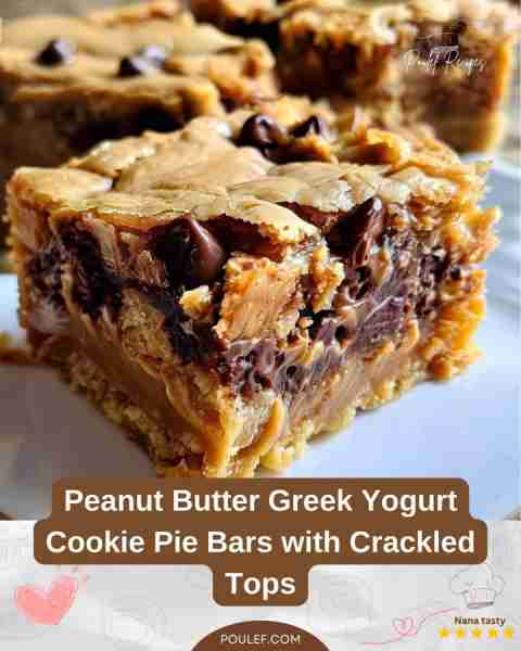 Peanut Butter Greek Yogurt Cookie Pie Bars with Crackled Tops Ingredients: - 1/2 cup peanut butter -...