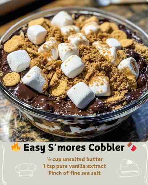 🔥 Easy S’mores Cobbler 🍫 Ingredients: For the Chocolate Base: 1 cup semi-sweet chocolate chips ½ c...
