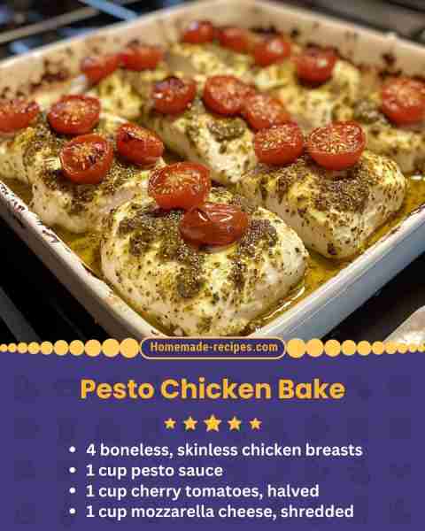 Pesto Chicken Bake 📋 Ingredients: • 4 boneless, skinless chicken breasts • 1 cup pesto sauce • 1 cu...