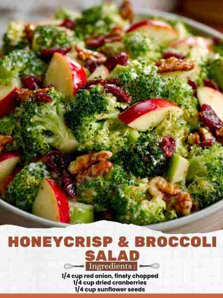 Honeycrisp & Broccoli Salad Ingredients: 1/4 cup red onion, finely chopped 1/4 cup dried cranberries...