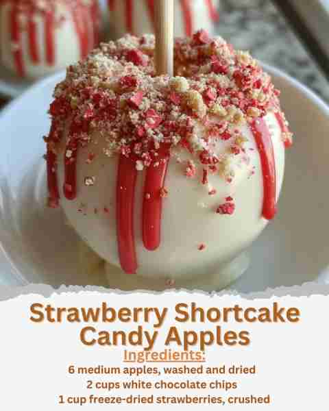 Strawberry Shortcake Candy Apples Ingredients: - 6 medium apples, washed and dried - 2 cups white ch...
