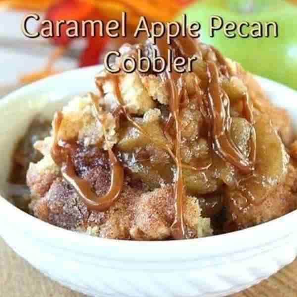 CARAMEL APPLE PECAN COBBLER! 🍏 Loaded with juicy, tender, tart apples, chopped pecans and Delicious...