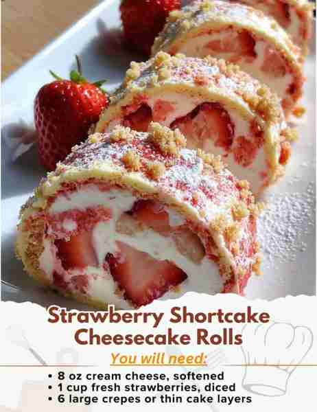 Strawberry Shortcake Cheesecake Rolls Ingredients: - Filling: - 8 oz cream cheese, softened - 1/4...