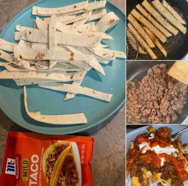 Taco Fries 🍟🌮 Ingredients: McCormick mild taco seasoning pack Tortillas (cut into fry-sized strips...