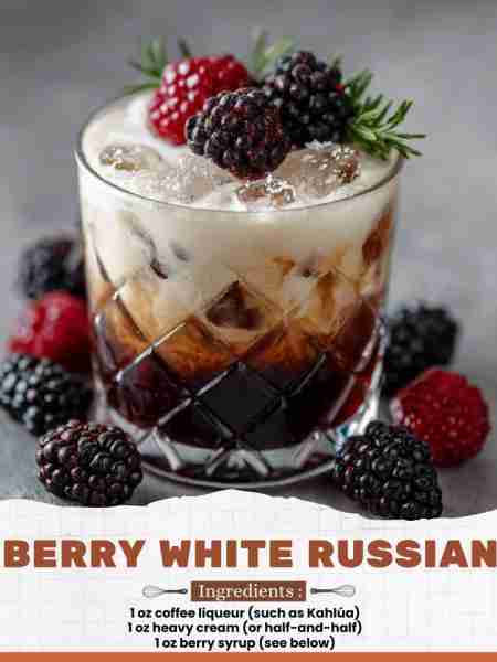 Berry White Russian Ingredients: 1 oz coffee liqueur (such as Kahlúa) 1 oz heavy cream (or half-and-...