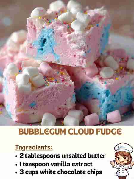 Bubblegum Cloud Fudge Ingredients 2 tablespoons unsalted butter 1 teaspoon vanilla extract 3 cups wh...