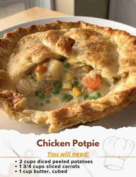 Chicken Potpie Ingredients: - 2 cups diced peeled potatoes - 1 3/4 cups sliced carrots - 1 cup butte...