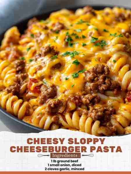 Cheesy Sloppy Cheeseburger Pasta Ingredients: 1 lb ground beef 1 small onion, diced 2 cloves garlic,...