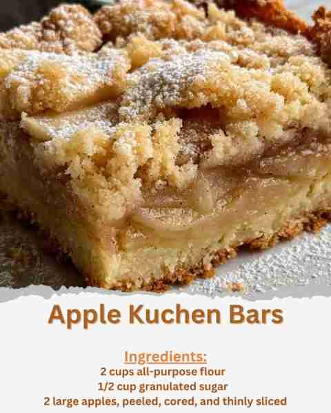 Apple Kuchen Bars Ingredients: - 2 cups all-purpose flour - 1/2 cup granulated sugar - 1/4 teaspoon...