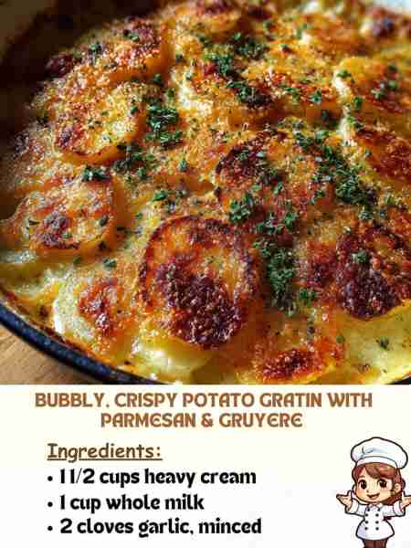 Bubbly, Crispy Potato Gratin with Parmesan & Gruyere 🍽 Ingredients: 1 ½ cups heavy cream 1 cup whole...