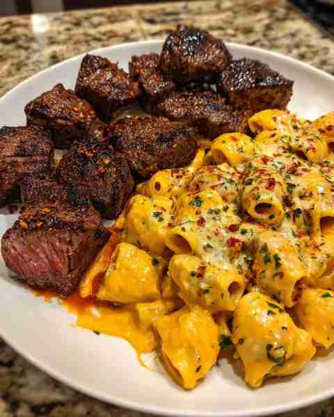 Garlic Butter Steak Bites with Cheesy Rigatoni in Cheddar Sauce Ingredients: 1 ½ lbs sirloin or ribe...