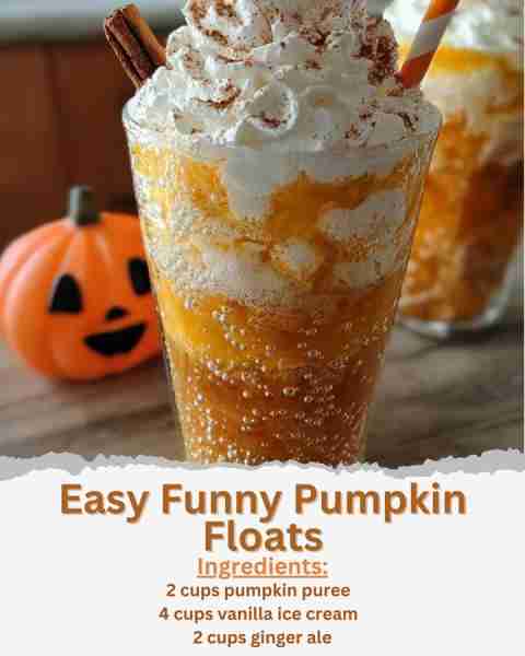 Easy Funny Pumpkin Floats Ingredients: - 2 cups pumpkin puree - 4 cups vanilla ice cream - 2 cups gi...