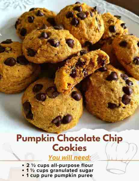 Pumpkin Chocolate Chip Cookies Ingredients: - 2 ½ cups all-purpose flour - 1 teaspoon baking soda -...