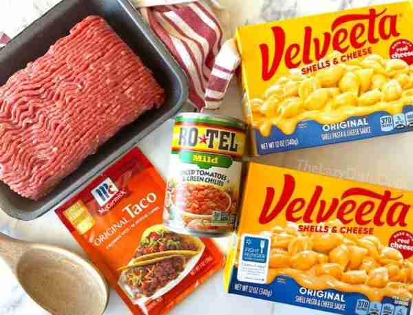 Easy Taco Macaroni & Cheese Dinner Ingredients Meat • 1 lb Ground beef Produce • 1 can Rotel diced t...