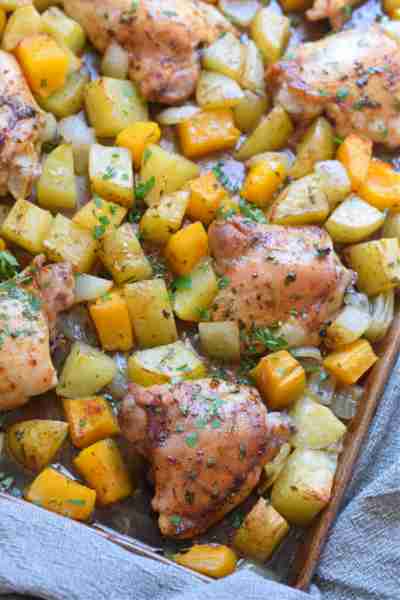 Old Bay Sheet Pan Chicken & Squash dinner. An easy to prepare weeknight dinner that’s prepared and c...