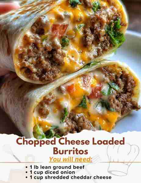 Chopped Cheese Loaded Burritos Ingredients: - 1 lb lean ground beef - 1 cup diced onion - 1 cup shre...
