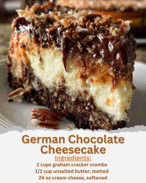 German Chocolate Cheesecake Ingredients: - 2 cups graham cracker crumbs - 1/2 cup unsalted butter, m...