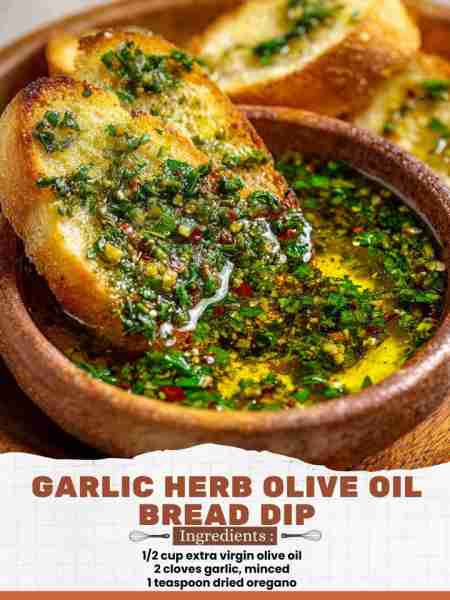 Garlic Herb Olive Oil Bread Dip Ingredients: 1/2 cup extra virgin olive oil 2 cloves garlic, minced...