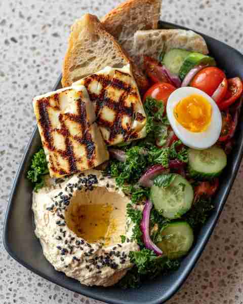 🥗 Mediterranean Mezze Bowl with Halloumi, Hummus & Soft Egg 🍳🧀 Prep Time: 20 minutes Cook Time: 1...