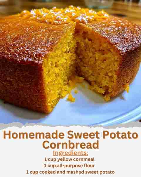 Homemade Sweet Potato Cornbread Ingredients: - 1 cup yellow cornmeal - 1 cup all-purpose flour - 1/4...