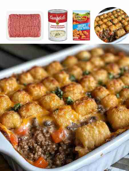 Cheesy Tater Tot Casserole Ingredients: - 1 lb ground beef - 1 can cream of mushroom soup - 1 cup sh...