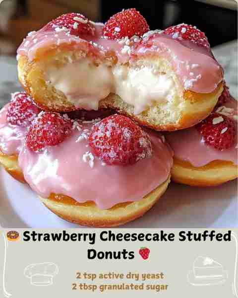 🍩 Strawberry Cheesecake Stuffed Donuts 🍓 Ingredients: For the Donut Dough: 1 cup warm whole milk (...