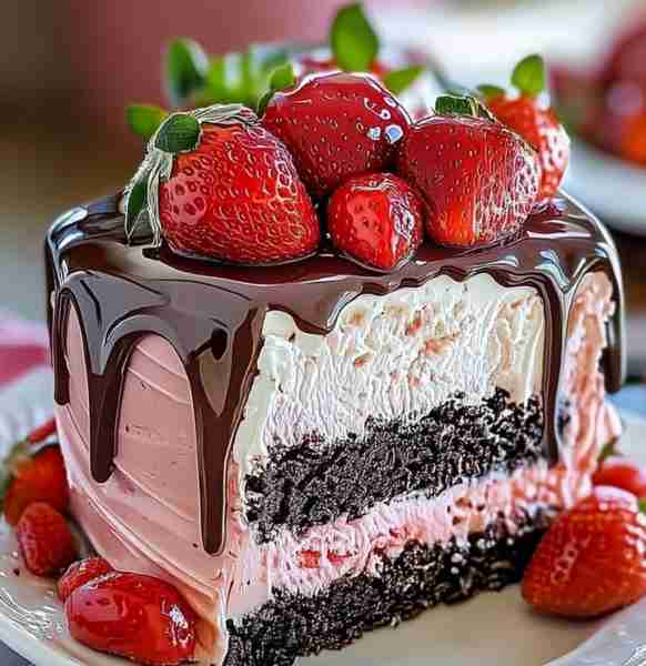 🍓✨ Decadent Strawberry Chocolate Fantasy Ice Cream Cake Layers of Magic: 1 Chocolate Cookie Crust...
