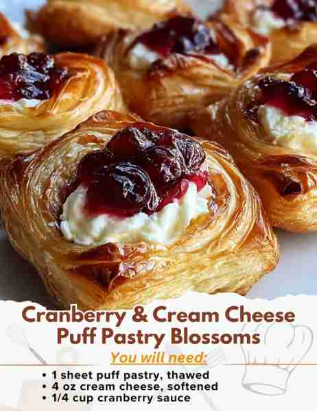 Cranberry & Cream Cheese Puff Pastry Blossoms Ingredients: - 1 sheet puff pastry, thawed - 4 oz crea...