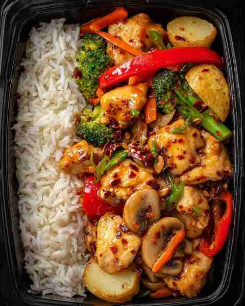 🍱 Spicy Chicken Stir-Fry with Rice & Vegetables 🌶️🥦 Prep Time: 20 minutes Cook Time: 20 minutes Se...