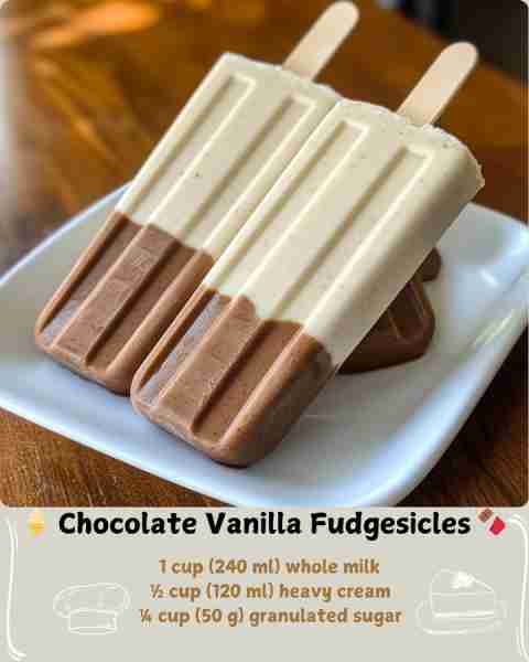 🍦 Chocolate Vanilla Fudgesicles 🍫 Ingredients For the Chocolate Layer 1 cup (240 ml) whole milk ½...
