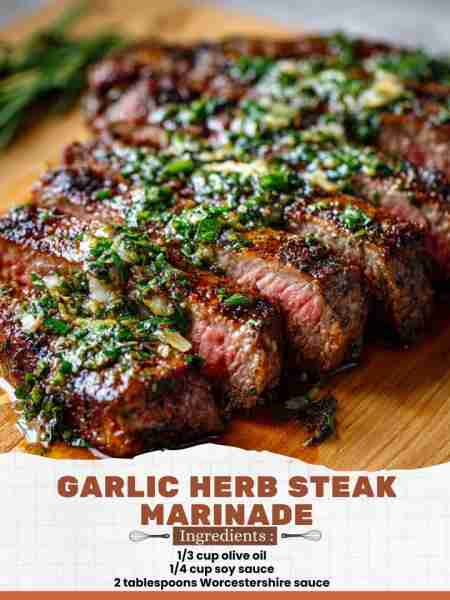 Garlic Herb Steak Marinade Ingredients: 1/3 cup olive oil 1/4 cup soy sauce 2 tablespoons Worcesters...