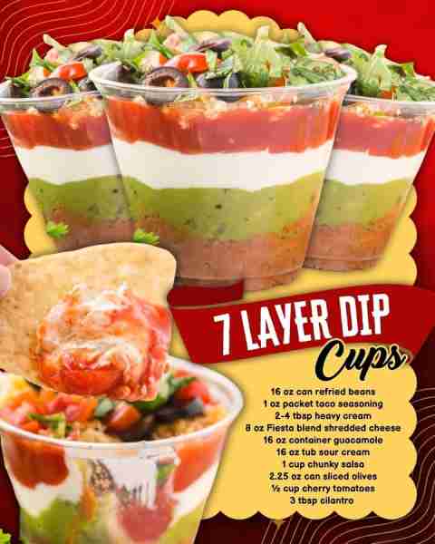 7 LAYER DIP CUPS! Easy-to-assemble appetizer AND look almost too cute to eat! 16 oz can refried bean...