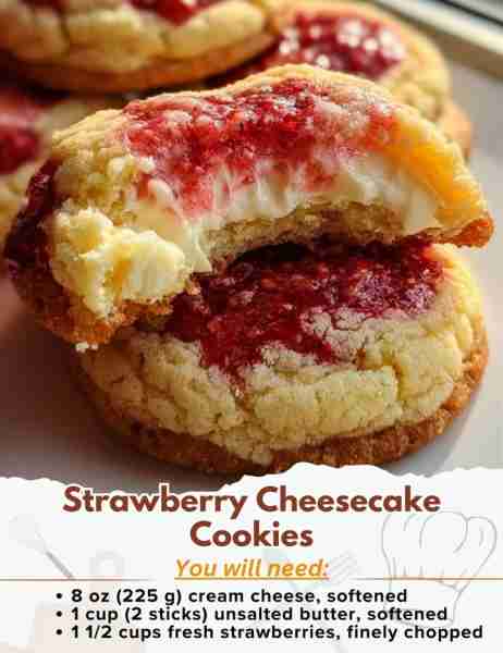 Strawberry Cheesecake Cookies Ingredients: For the Cheesecake Filling - 8 oz (225 g) cream cheese,...