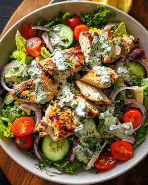 🥗 Mediterranean Grilled Chicken Salad with Herb Yogurt Dressing 🍋🍅 Prep Time: 15 minutes Cook Tim...
