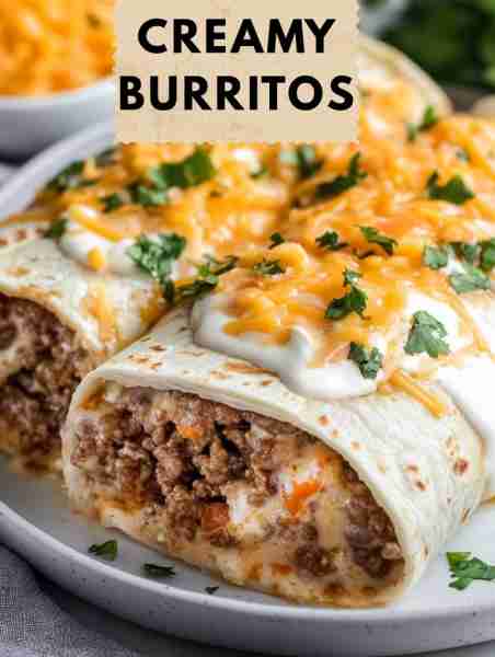CREAMY Burritos Ingredients: - 1 lb ground beef - 1/2 cup diced onion - 1 can refried beans - 1 pack...